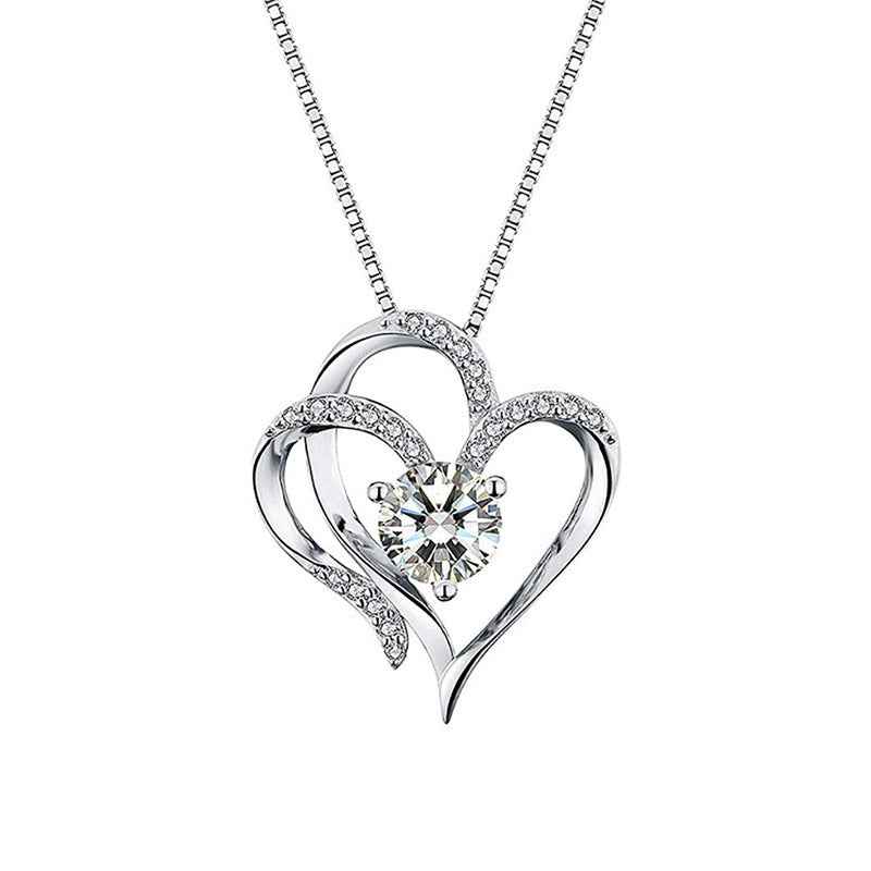 White Gold Double Heart Pendant Necklace Clavicle Pendant Diamond Heart Necklace