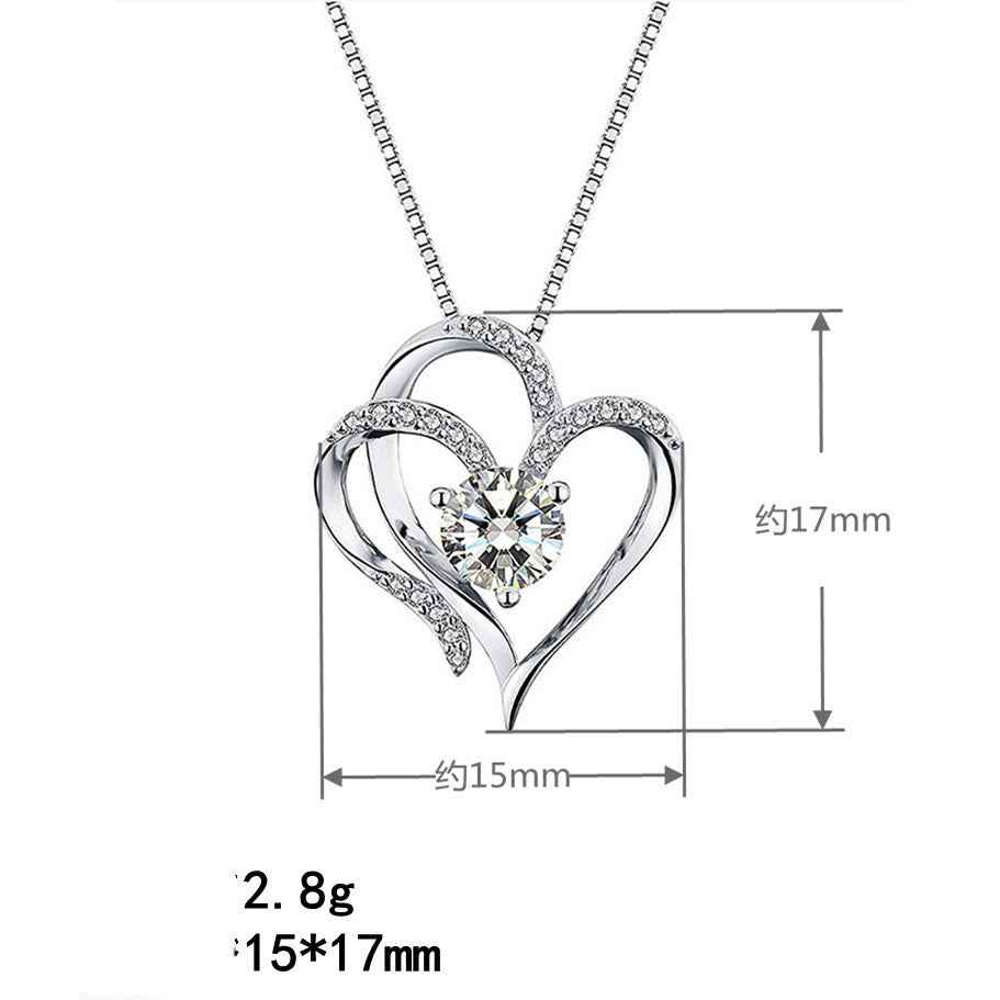 White Gold Double Heart Pendant Necklace Clavicle Pendant Diamond Heart Necklace