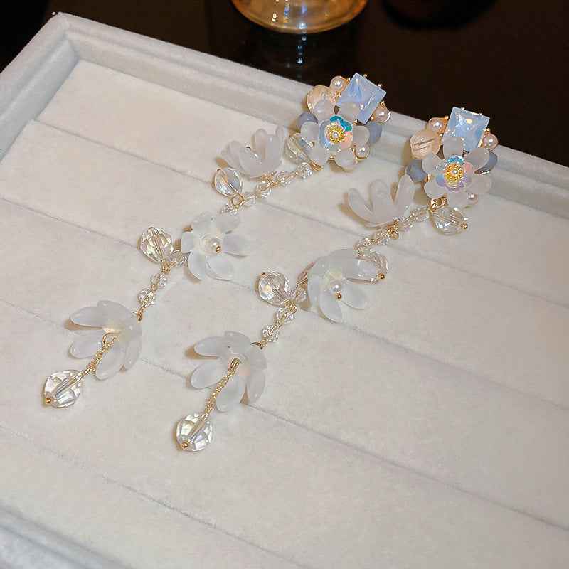 925 Sterling Silver Needle Long Tassel Earrings For Women Pearl Crystal Flower Drop Earrings Luxury Statement Bridal Wedding Party Jewelry