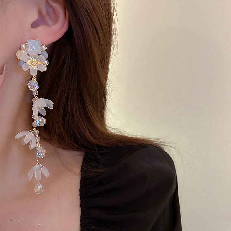 925 Sterling Silver Needle Long Tassel Earrings For Women Pearl Crystal Flower Drop Earrings Luxury Statement Bridal Wedding Party Jewelry